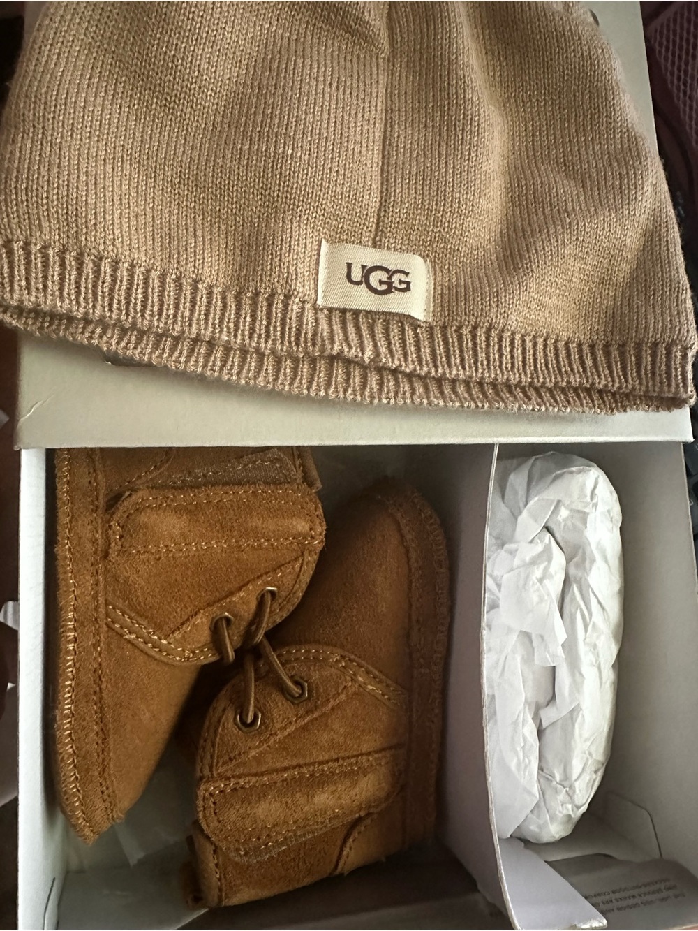 UGG Tan Knit Beanie and Chestnut Suede Baby Booties Set